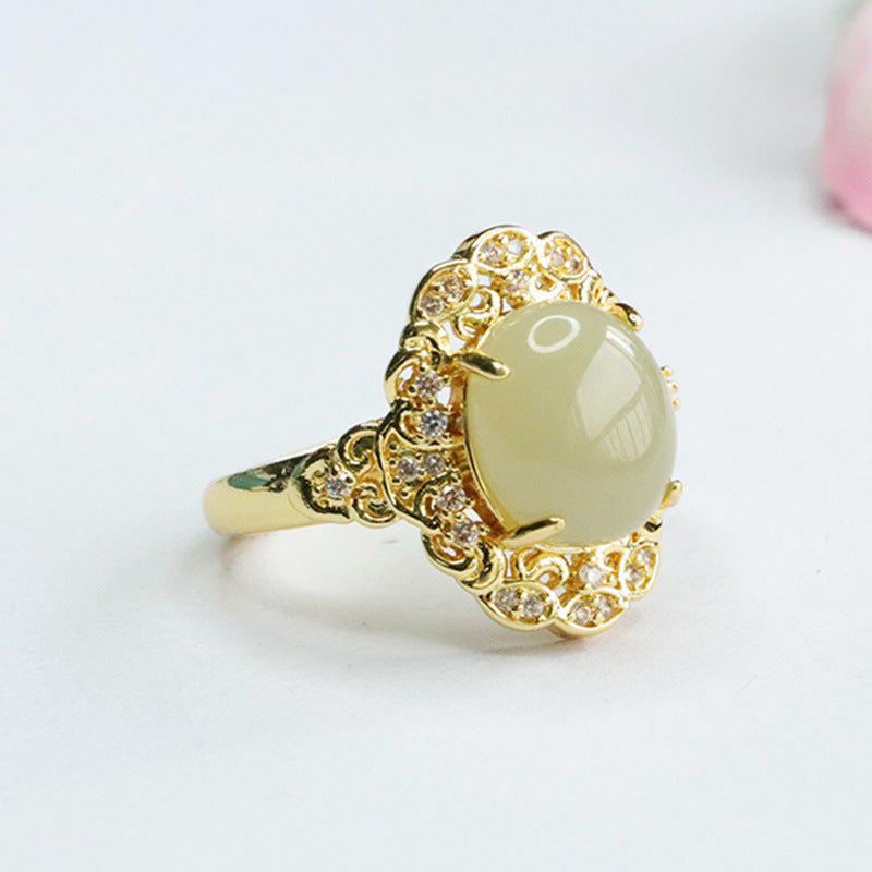 Elegant Hetian Jade Palace Style Ring with Sterling Silver