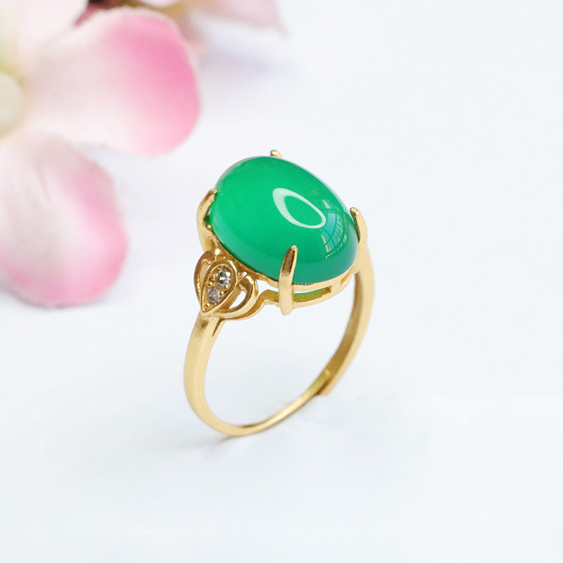 Green Chalcedony Zircon Vintage Ring with Sterling Silver