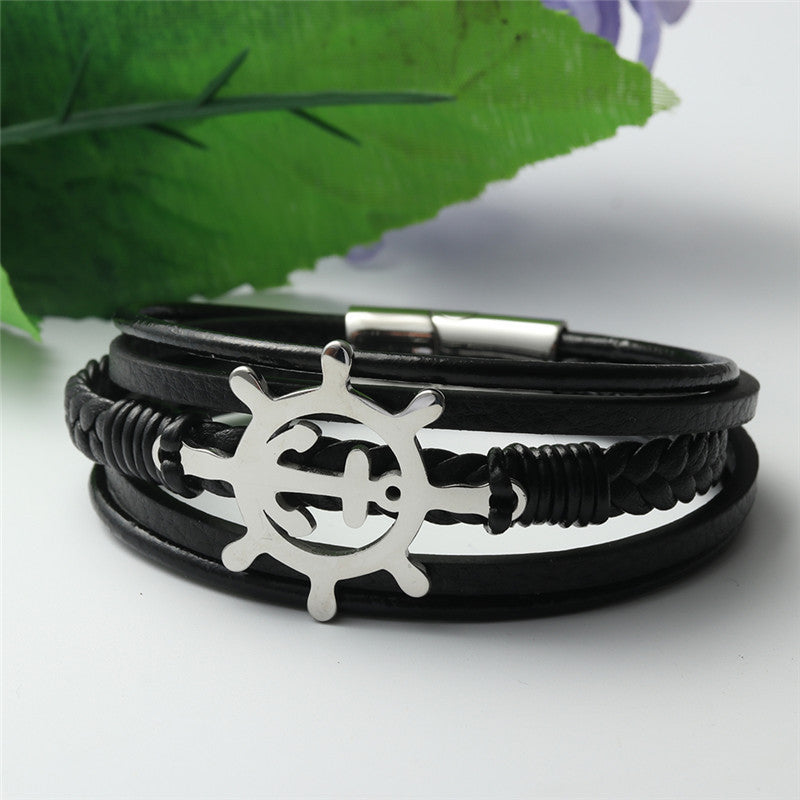 Titanium Steel and Leather Punk Hollow Rudder Bracelet for Men