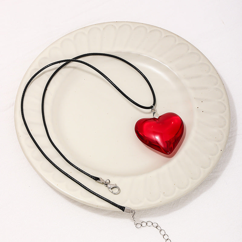 Sweet Red Glass Heart Pendant Necklace with Black Leather Rope - Urban Chic Collection