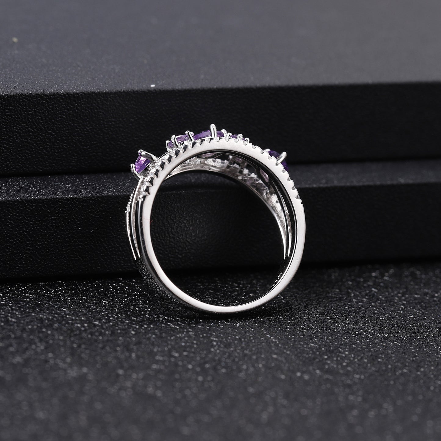 Hollow Three Layer Natural Gemstones Silver Ring