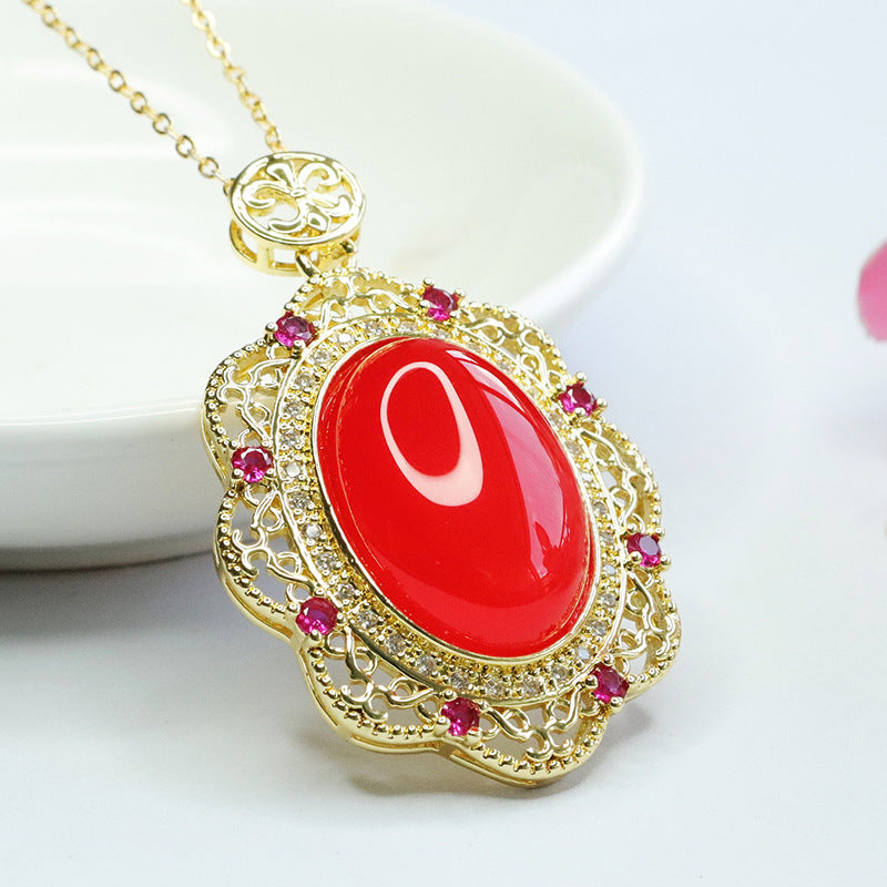 Pigeon Egg Blood Red Agate Luxurious Zircon Pendant