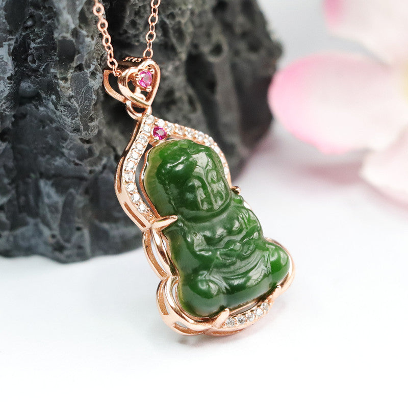 Sterling Silver Baby Buddha Necklace with Natural Hotan Jade Jasper