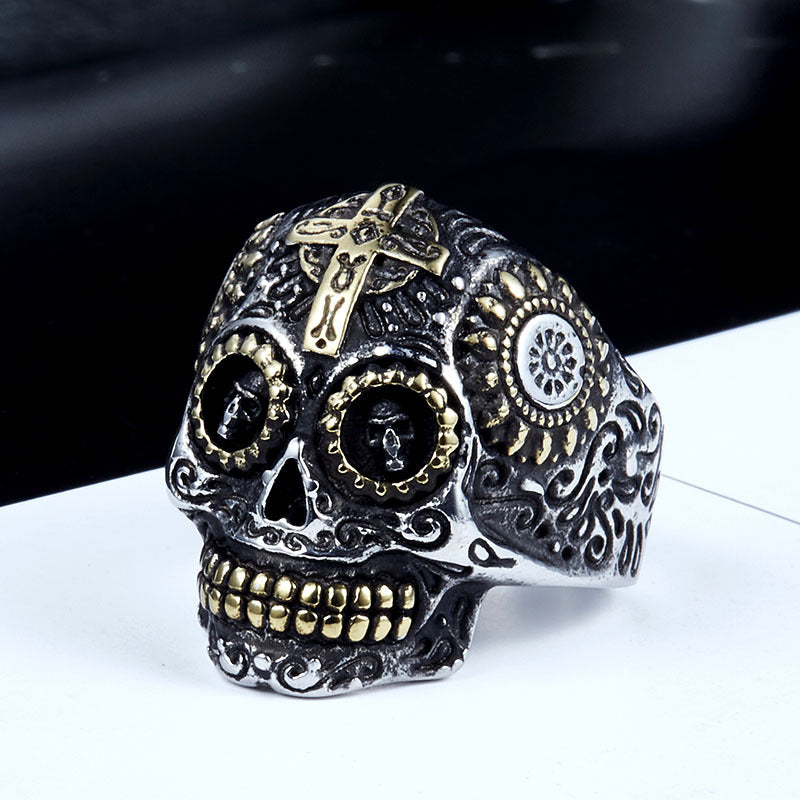 Titanium Steel Skull Cross Ring for Men - Retro European and American Design