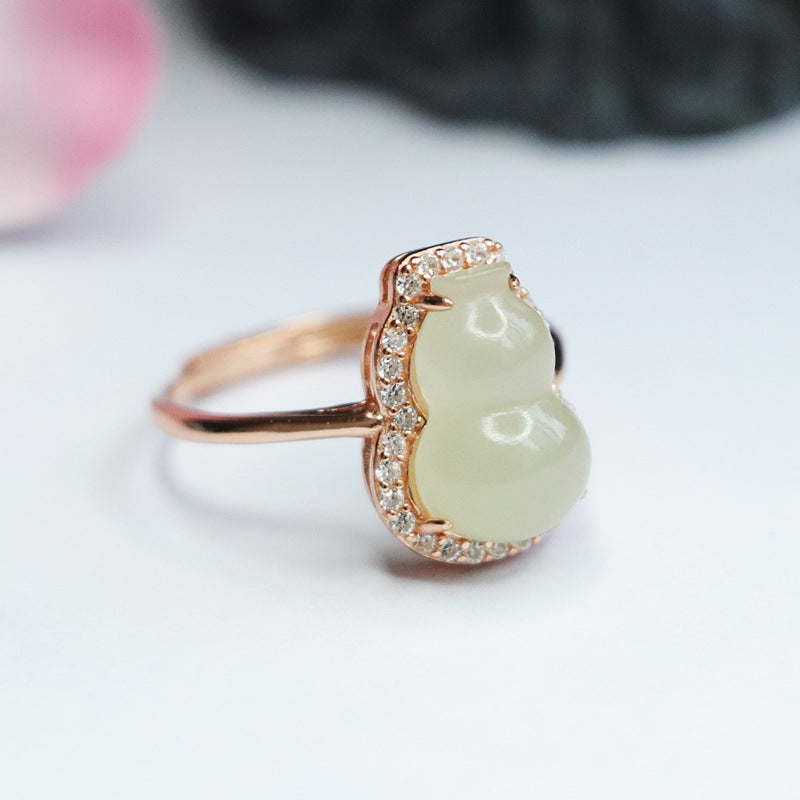 Sterling Silver Adjustable Gourd Ring with Natural Hetian Jade and Zircon