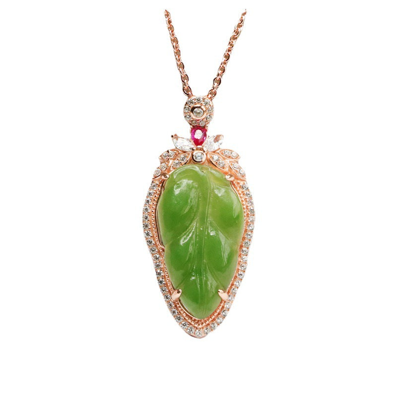 Elegant Natural Hotan Jade Leaf Necklace with Zircon Accents