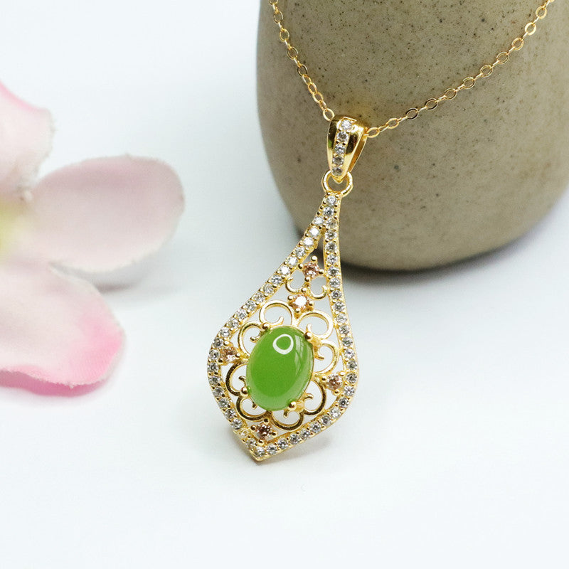 Water Drop Hollowed Jade Jasper Necklace with Zircon Pendant