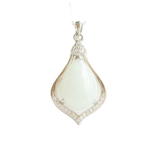 Jewelry Necklace with Sterling Silver Water Drop Natural Jade Pendant and Zircon