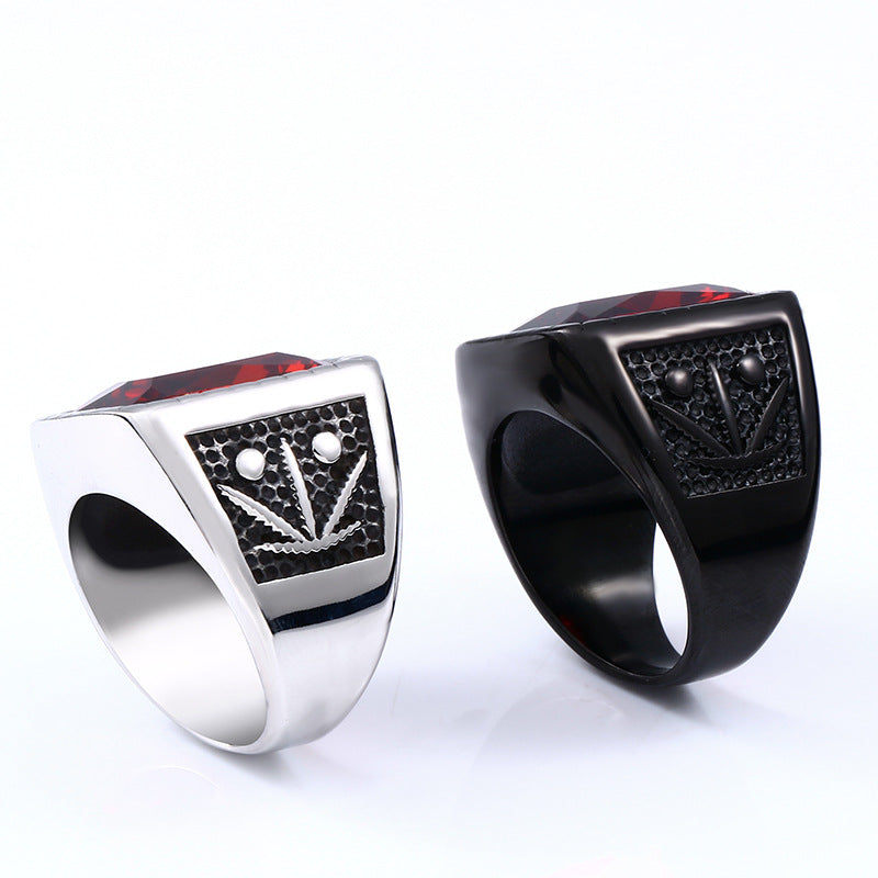 Stylish Titanium Steel Leaf Ring for Men - European and American Design, Wholesale Zircon Set