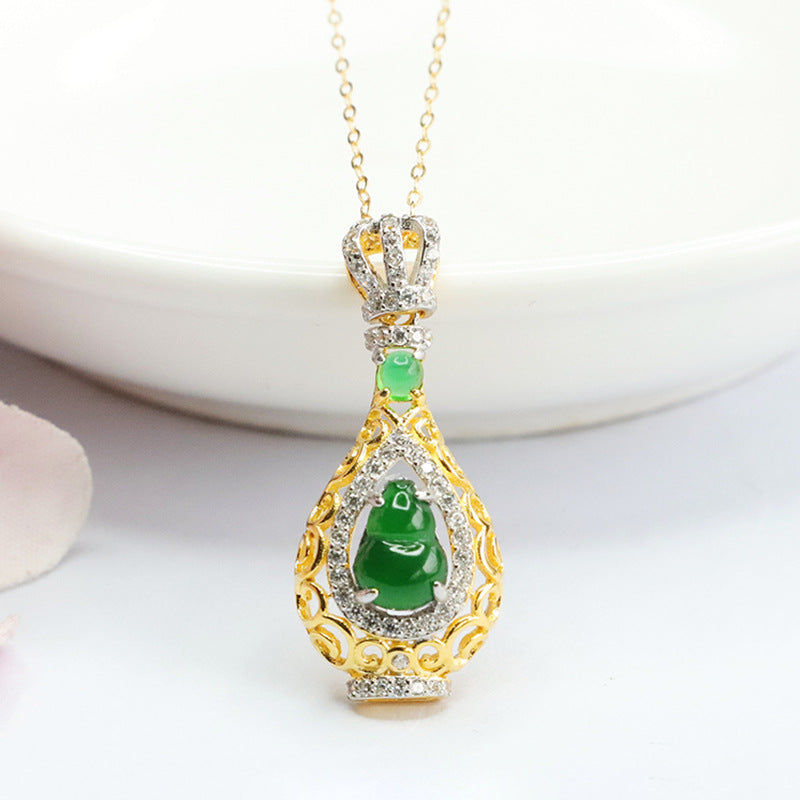 Sterling Silver Necklace with Ice Emperor Green Jade Gourd Crown Pendant