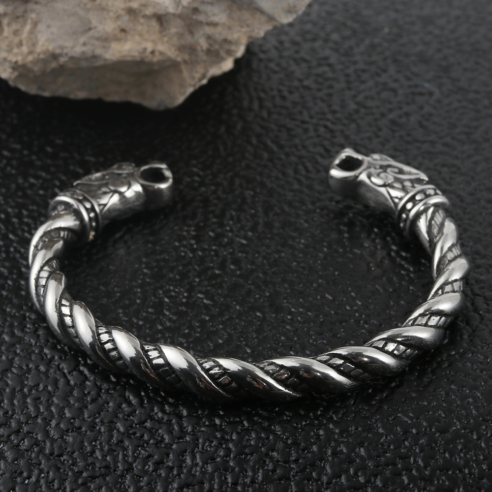 Titanium Steel Dragon Woven Bracelet for Men - Stylish Double Head Design