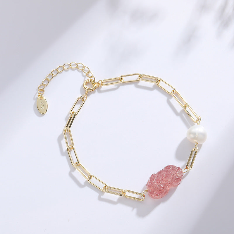 Crystal Pixiu Bracelet with Natural Strawberry and Pearl for Prosperity and Love