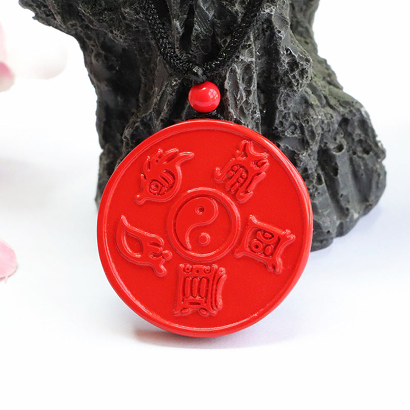 Round Red Cinnabar Pendant with Taoist Symbolism