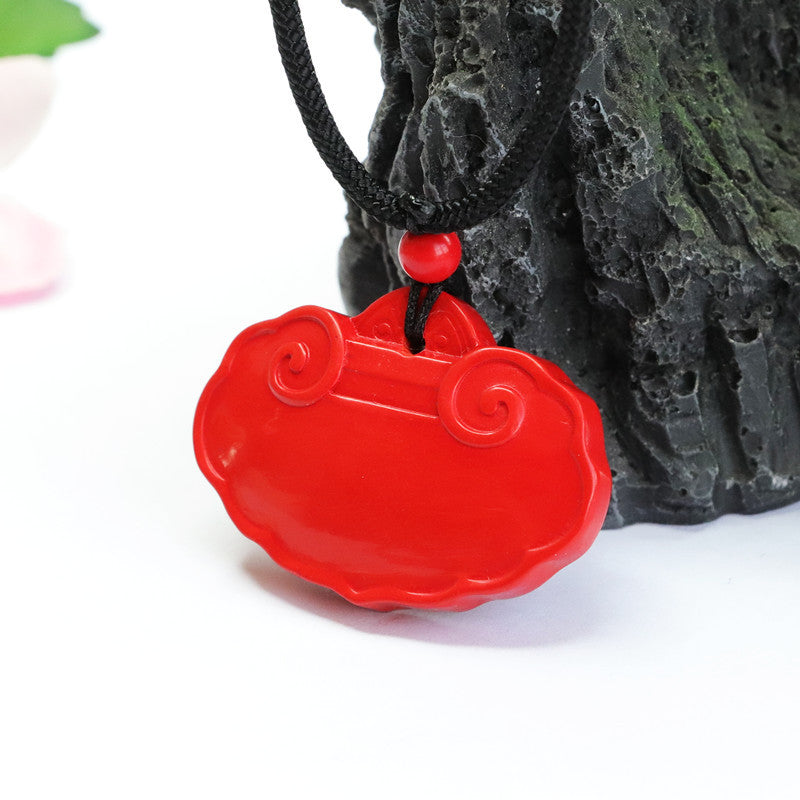 Cinnabar Red Sand Ruyi Lock Pendant with Sterling Silver Charm