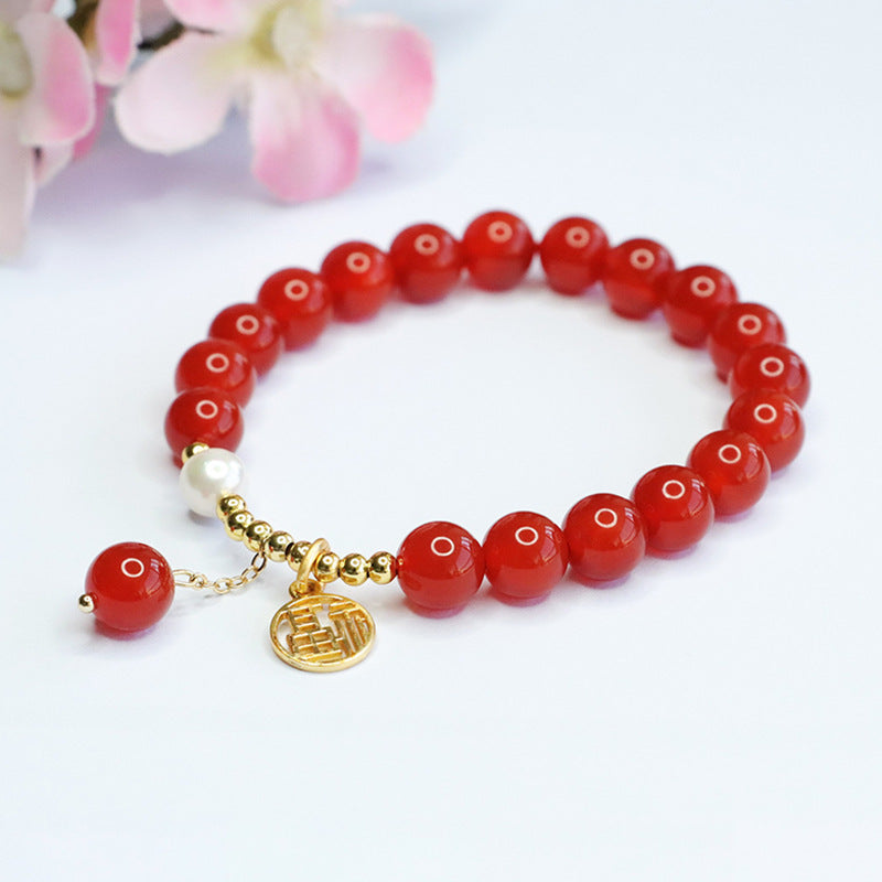 Red Agate and Pearl Sterling Silver Bracelet - Fortune's Favor Collection by Planderful