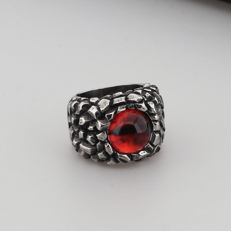 Punk-Style Devil's Eye Ring with Exaggerated Red/Green Design, Skull Feather Titanium Steel for Men