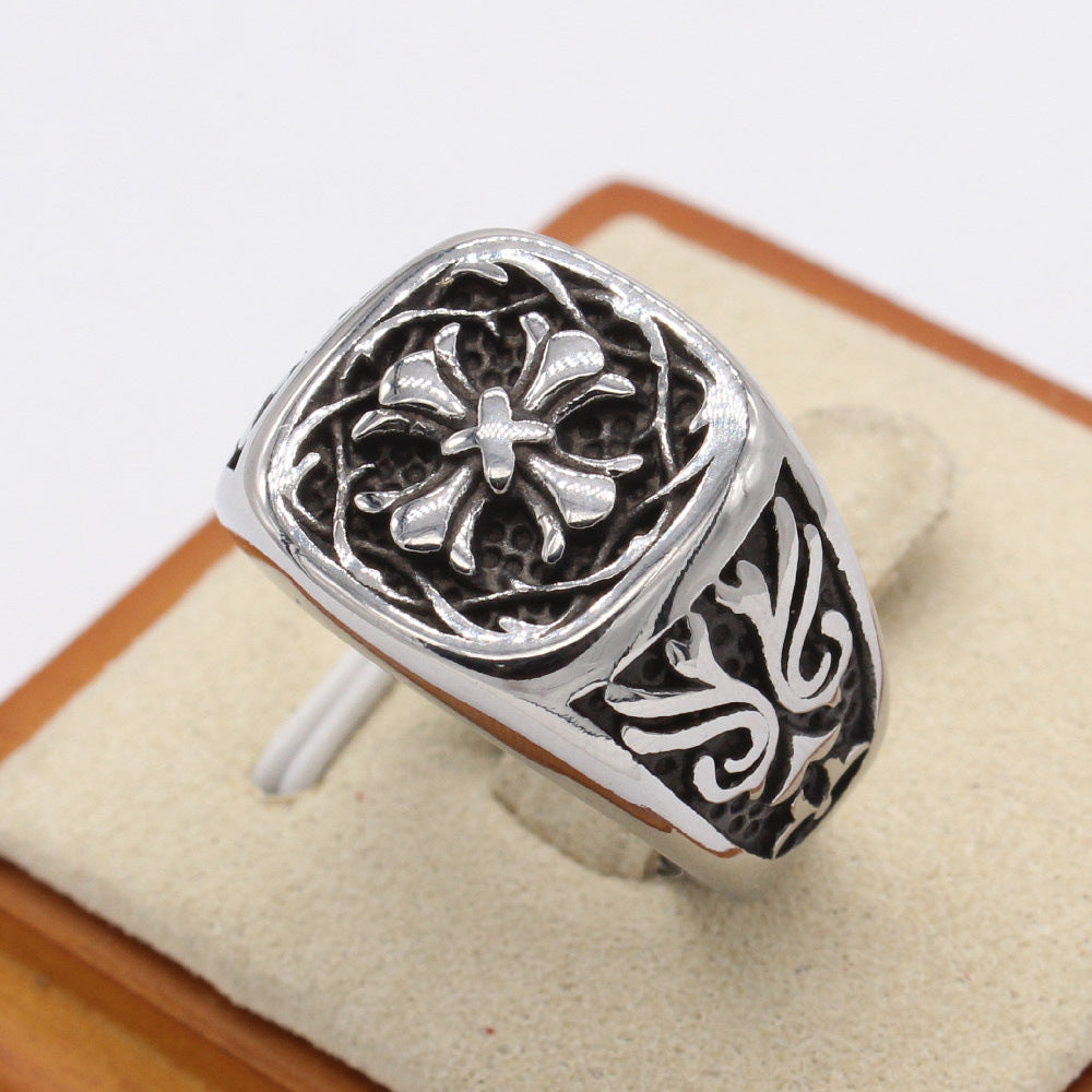 Relief Cross Flower Square Titanium Steel Ring for Men