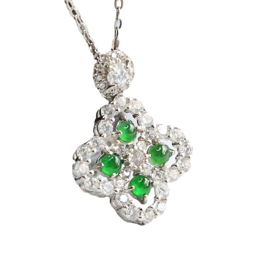 Imperial Green Jade Four-Leaf Clover Necklace with Zircon Accents in Sterling Silver