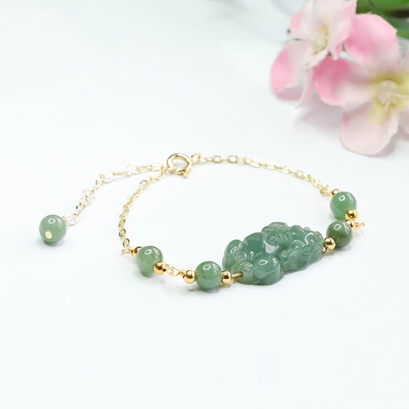 Myanmar Jade Pixiu Sterling Silver Bracelet