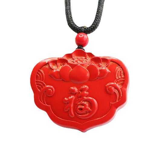 Red Sand Cinnabar Lotus Ruyi Sterling Silver Pendant