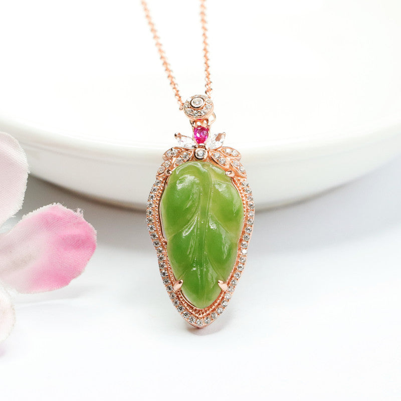 Elegant Natural Hotan Jade Leaf Necklace with Zircon Accents