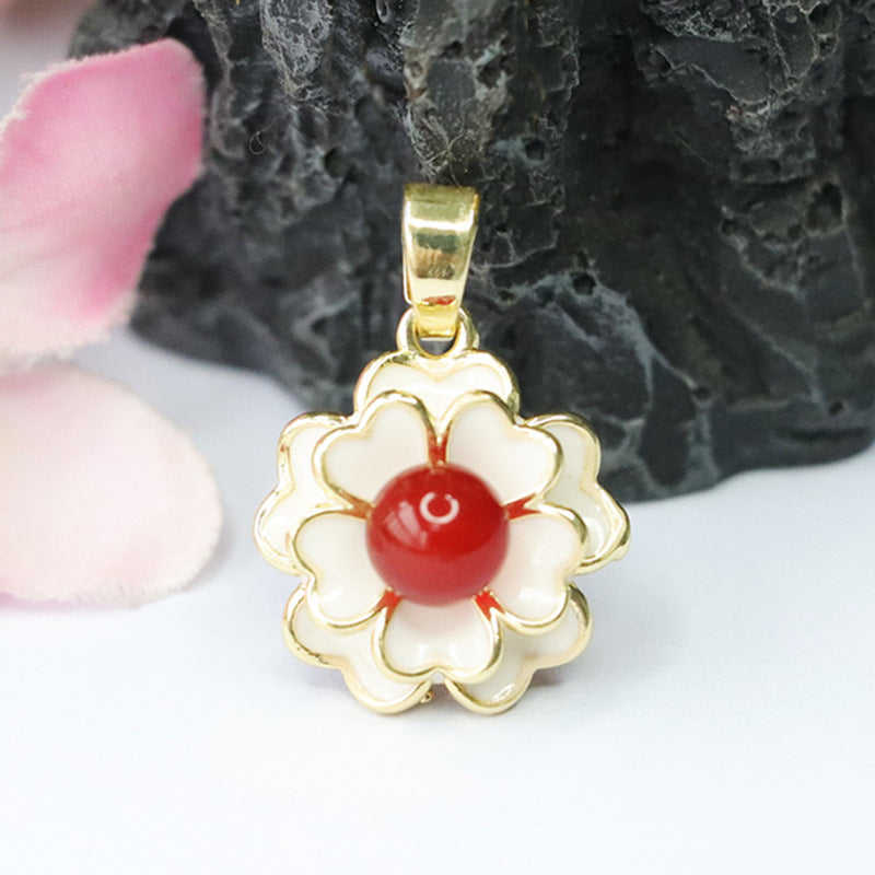 Blood Red Agate Camellia Pendant Necklace