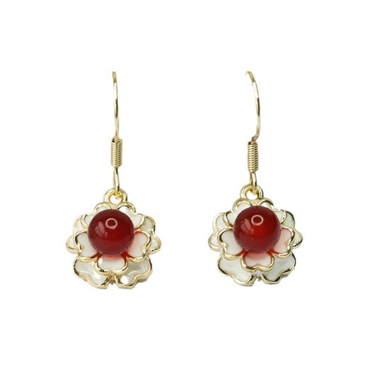 Pigeon Blood Red Agate Earrings with Camellia Flower Ear Hooks