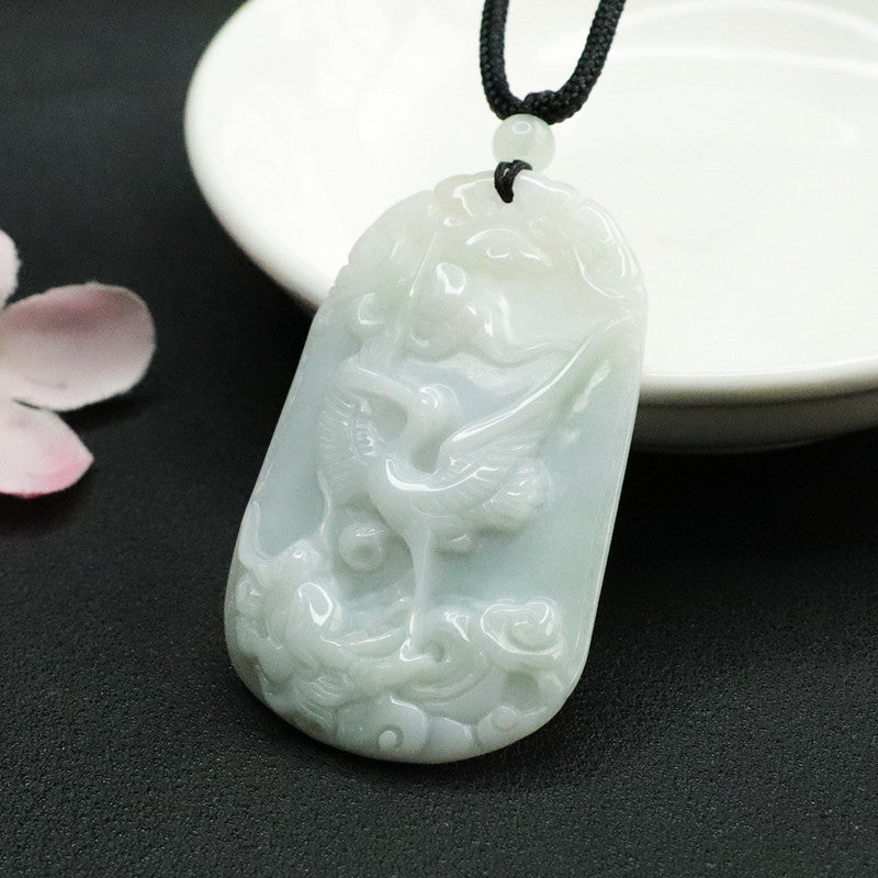 Jade Red-Crowned Crane Pendant with Auspicious Cloud Carving