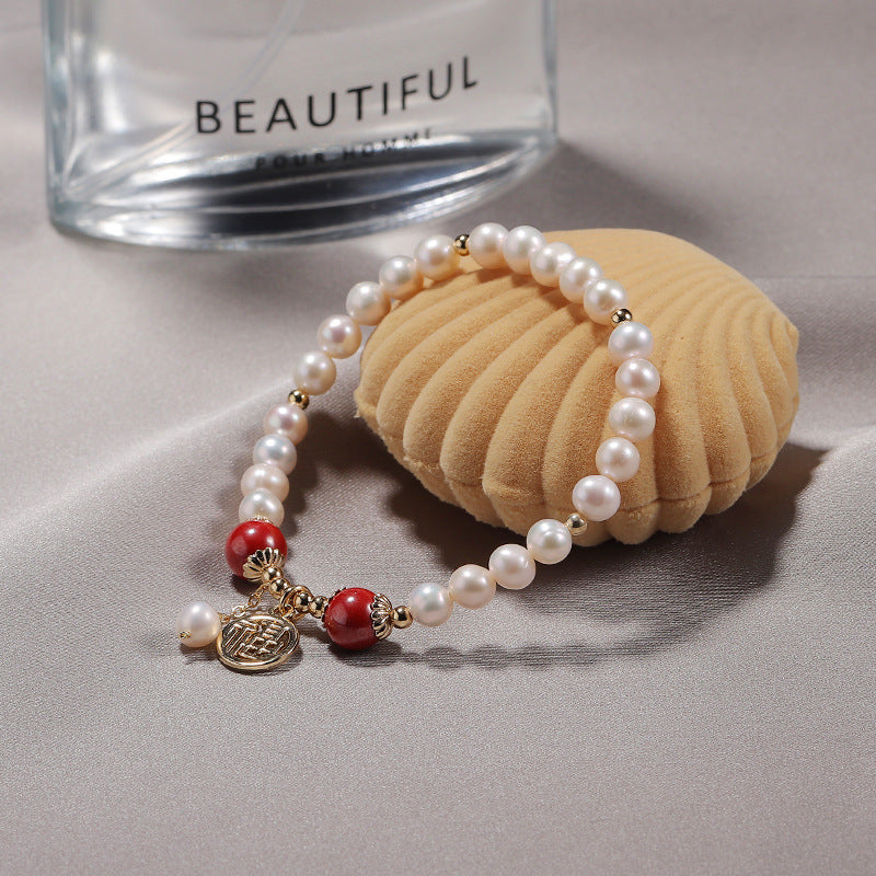 Fortune's Favor Freshwater Pearl and Cinnabar Bracelet - Sterling Silver Jewelry