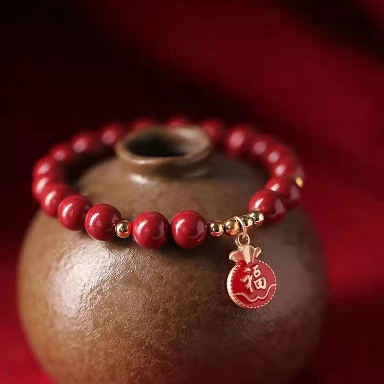 Lucky Bag Tassel Bracelet with Cinnabar Stone