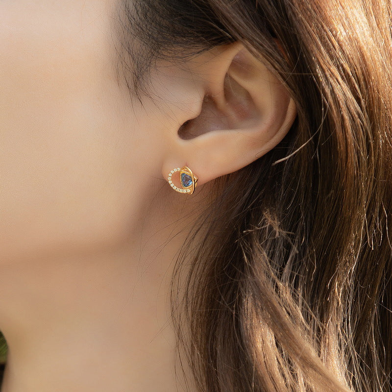 Triangle Blue Crystal Geometric Heart Shape Sterling Silver Stud Earrings