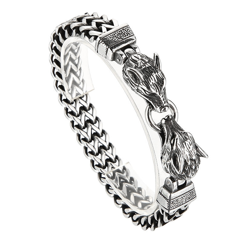 Woven Double-Row Fish Scale Bracelet with Retro Wolf Head Design for Men