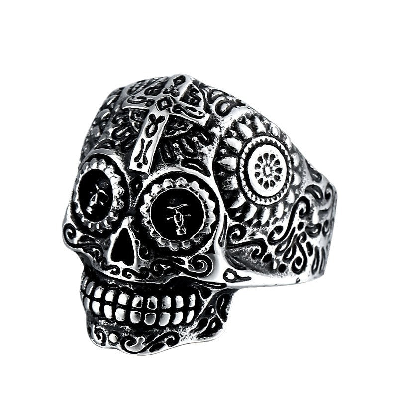 Custom Engraved Skull Cross Ring in Retro Titanium Steel for Men - European and American Style Stainless Steel Ring