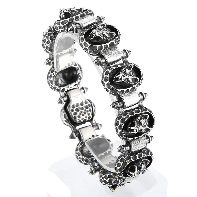 Vintage-Inspired Punk Titanium Steel Wolf Head Bracelet for Men with Bold Round Design