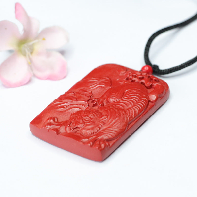 Luxurious Sterling Silver Cinnabar Tiger Rectangle Pendant