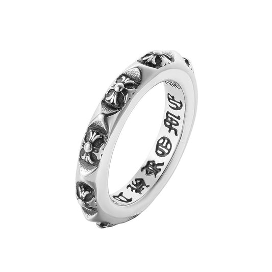 Row of Cross Flower Relief Titanium Steel Ring for Men