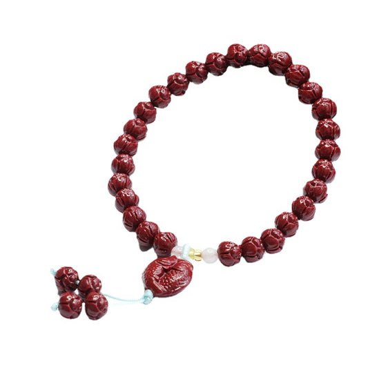 Double Fish Bracelet with Purple Gold Sand, Lotus Beads, and Cinnabar