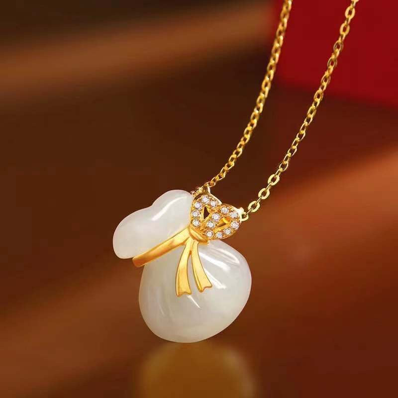 White Jade Lucky Money Bag Pendant Necklace with Zircon and Gold Accents