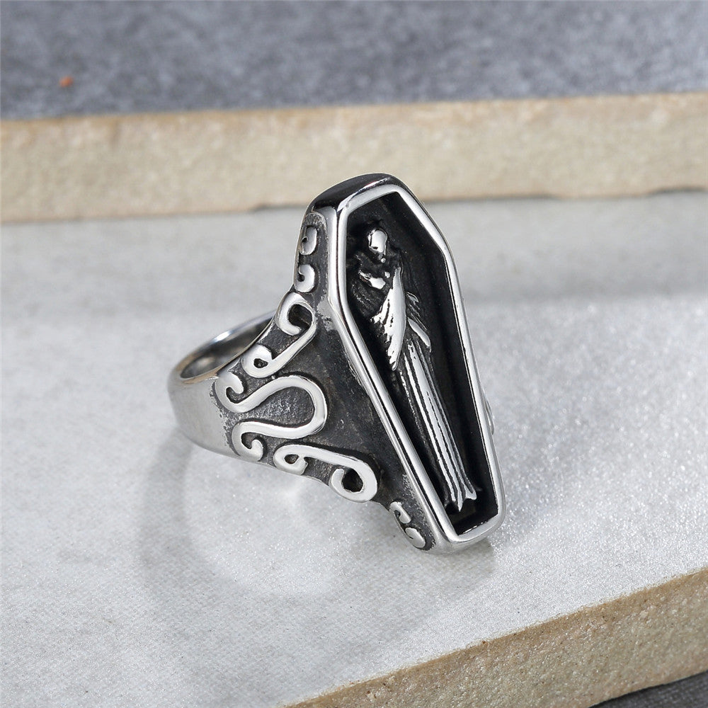 Halloween Skeleton Coffin Titanium Steel Ring for Men