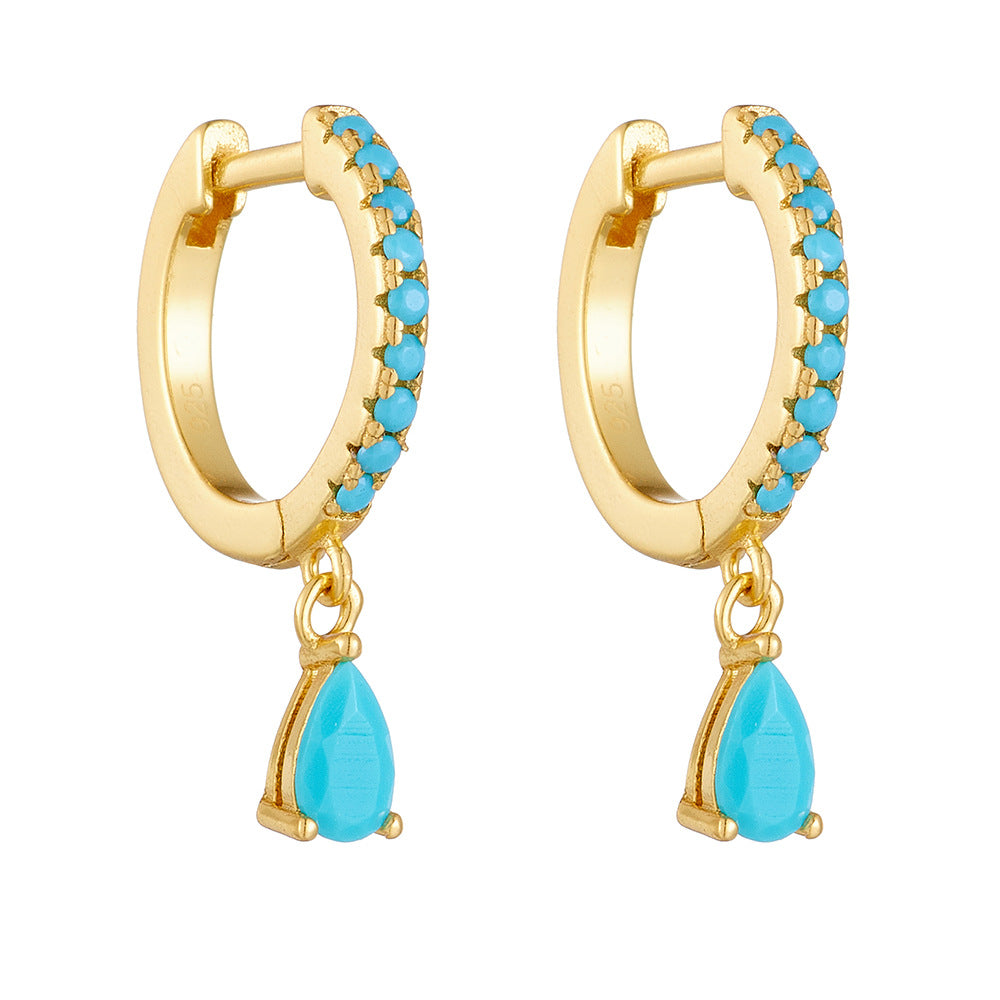 Water Drop Turquoise Silver Hoop Earrings