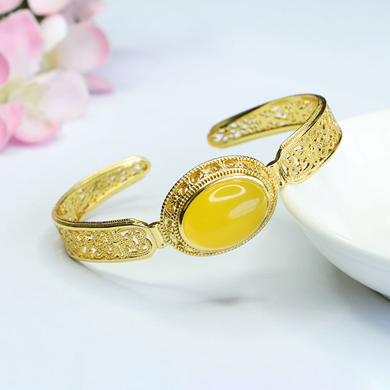 Golden Chalcedony Bangle Bracelet with Sterling Silver Opening