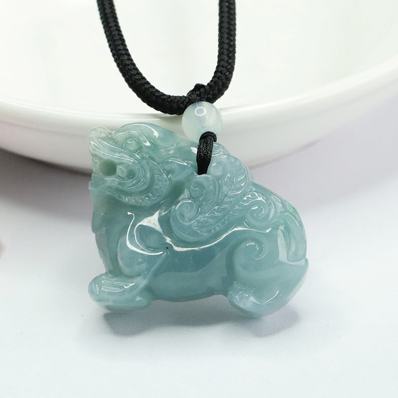 Jadeite Sterling Silver Pixiu Pendant with Green and Blue Accents