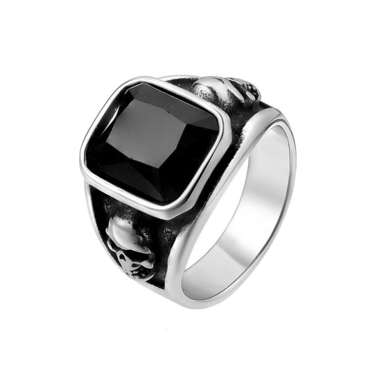 Skull Head Rectangle Gemstone Titanium Steel Ring for Men