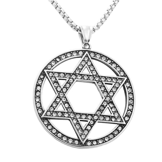 Titanium Steel Hexagram Pendant Necklace - Retro Punk Design with White Stone Star for Men and Women