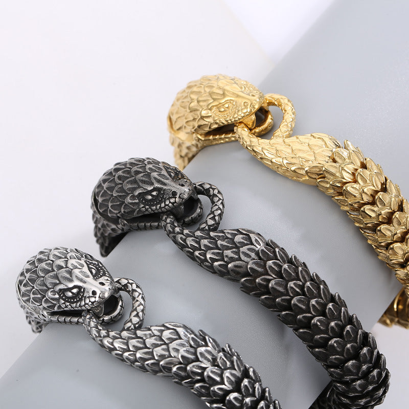 Punk-Style Snake Motif Titanium Steel Bracelet for Men - Retro European and American Design