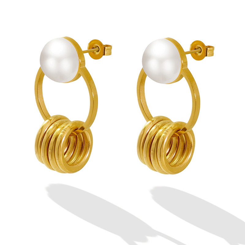 Exquisite Double Ring Pearl Earrings in Titanium Steel and 18K Gold Plating