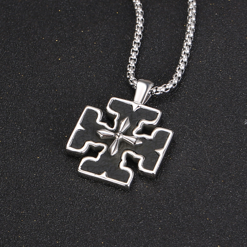 Custom Titanium Steel Cross Pendant Necklace for Men with Leather Cord