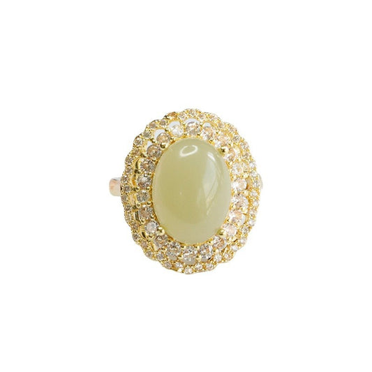 Lavish Jade and Zircon Sterling Silver Ring with Adjustable Design