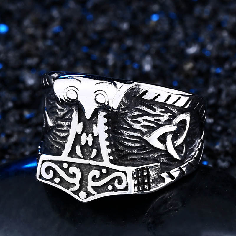 Mythical Warrior Viking Odin & Thor's Hammer Titanium Steel Ring for Men