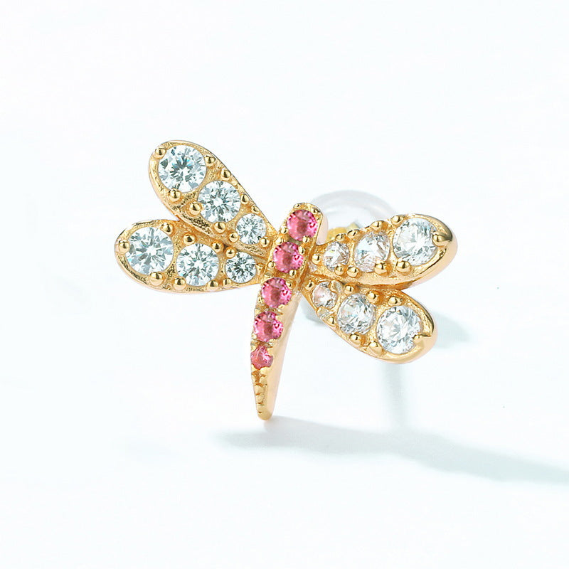 Pink and White Zircon Dragonfly Flower Asymmetric Sterling Silver Stud Earrings
